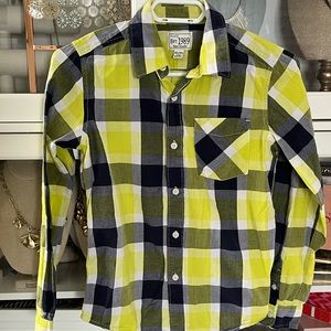 Children’s Place Button Down Plaid shirt, Navy/neon yellow, EUC size 14